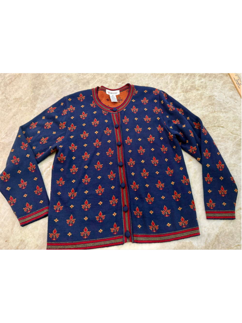 Talbots Vintage Cardigan Sweater Size M Blue Red Fleur-de-lis Pattern, no damage